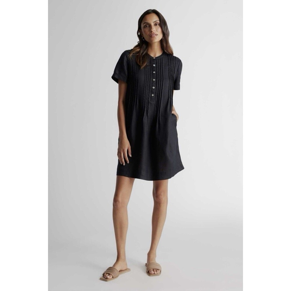 Quince 100% European Linen Short Sleeve Swing Pintuck Dress Black Size L NWT